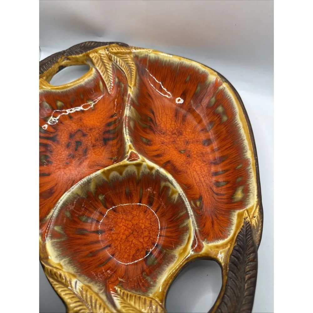 Vintage MCM Glazed‎ Divided Pottery Platter Chip Dip Orange & Brown Centerpiece
